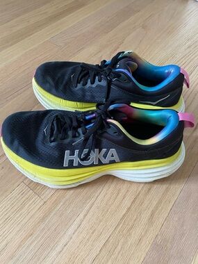 Hoka Bondi 8 Black, Rainbow & Yellow Running Shoe, Size 8.5